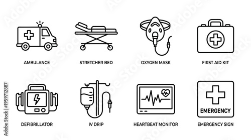 Minimalist emergency medical icons set, clean black-and-white healthcare essentials illustration