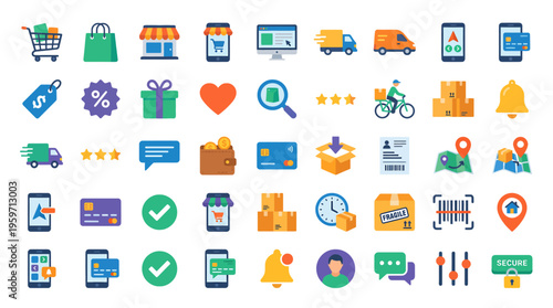 A colorful collection of e-commerce icons on a transparent background
