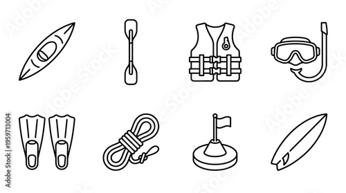 Minimalist water sports gear icons set, clean black-and-white aquatic adventure essentials illustration