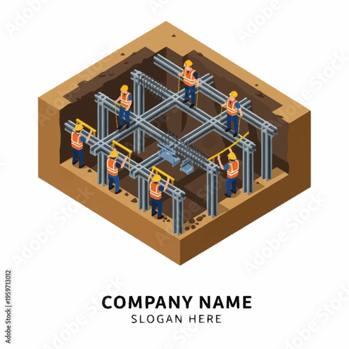 Construction workers meticulously assembling a reinforced concrete foundation grid with rebar and formwork in an excavated site.