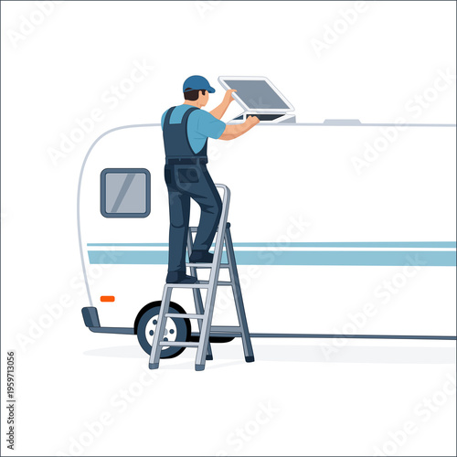 RV maintenance worker repairing camper trailer roof vent with ladder flat illustration isolated on transparent background