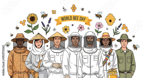 A group of people in beekeeping suits celebrating World Bee Day with flowers and bees around them