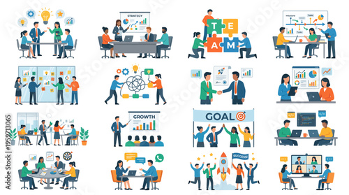 A group of people working together in an office setting with various business and growth related illustrations
