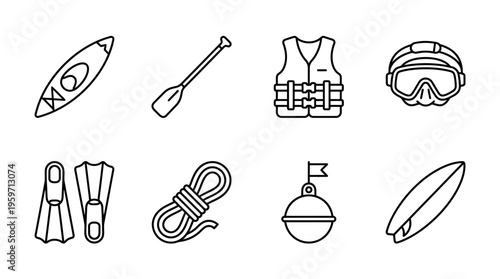 Minimalist water sports gear icons set, clean black-and-white aquatic adventure essentials illustration