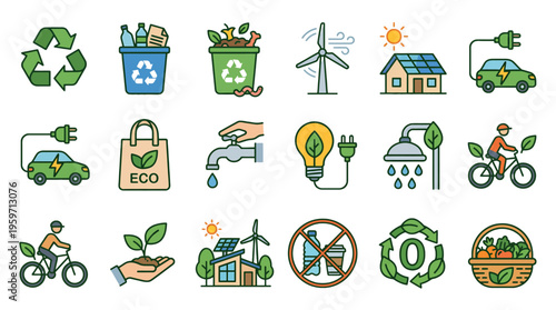 A collection of eco-friendly icons on a transparent background, representing sustainable living and environmental conservation.