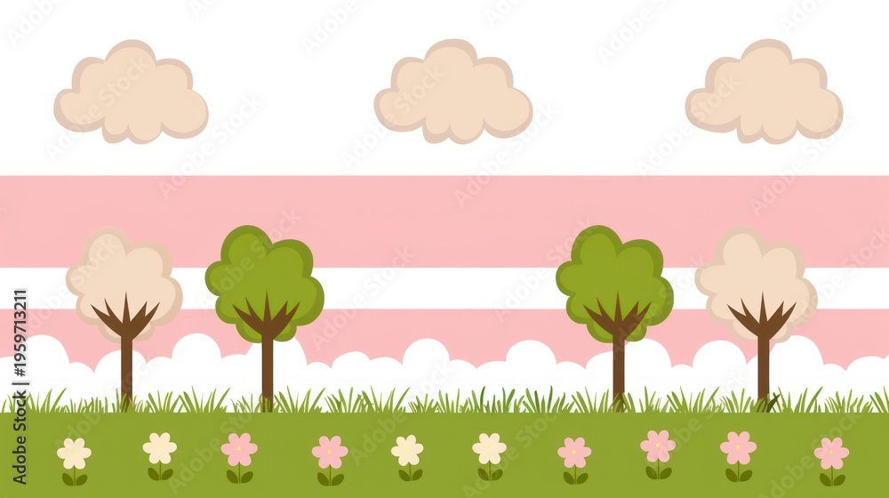 Fototapeta premium Cartoon landscape features pink clouds, trees, and flowers on grassy field with pink sky