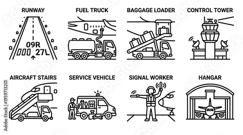Minimalist airport operations icons set, clean black-and-white aviation logistics essentials illustration