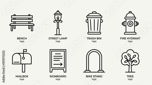 Minimalist outdoor public icons set, clean black-and-white urban infrastructure essentials illustration