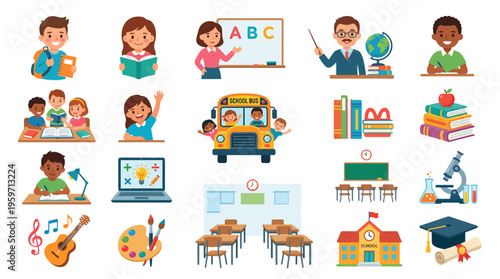 A colorful illustration of various educational elements and school supplies on a transparent background