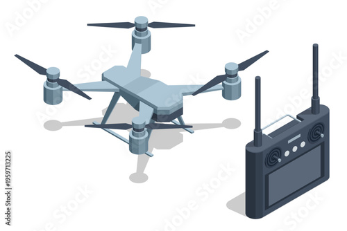 Isometric quadcopter drone isolated. Compact unmanned aircraft with four rotors, landing gear represents aerial technology, remote control flight, surveillance, delivery, modern automation