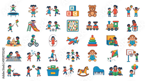 A colorful illustration of various children playing with toys and having fun on a transparent background