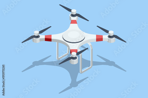 Isometric quadcopter drone isolated. Compact unmanned aircraft with four rotors, landing gear represents aerial technology, remote control flight, surveillance, delivery, modern automation