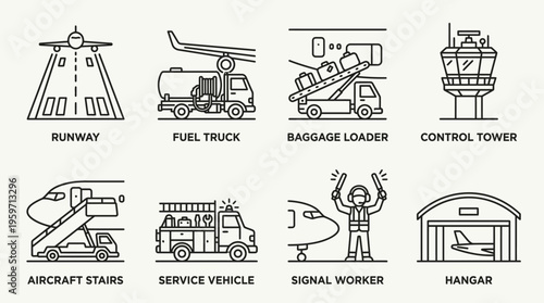 Minimalist airport operations icons set, clean black-and-white aviation logistics essentials illustration