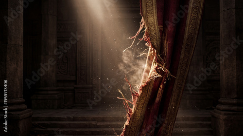Tattered red curtain in dramatic light reveals ancient stone architecture