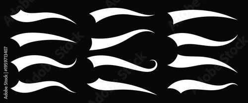 Decorative calligraphy stroke and flourish icon collection, elegant graphic group of handwritten ornaments, elements for typography, wedding, and invitations. Isolated on black background.
