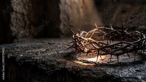 Crown of thorns on stone surface with dramatic lighting