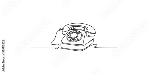 Vintage rotary phone line art drawing on white background in one continuous line black