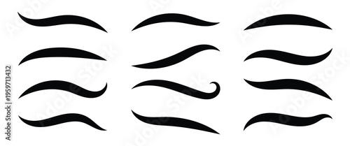 Set of Swoosh and swoop underline typography tails shape in flat styles. Swoosh line vector, underline swish, stroke swash swirl, Brush drawn curved smear. Hand drawn curly swish .eps10.