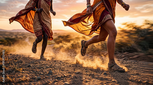 Two people running energetically on dusty path at sunset