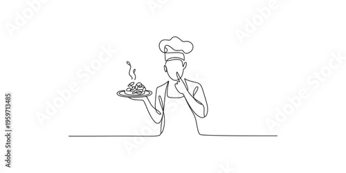 Continuous line drawing of chef with plate of food contemplating a dish single illustration