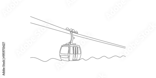 A cable car travels over water on a single continuous line drawing with modern simplicity