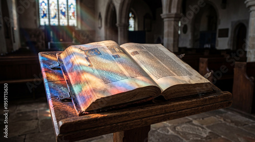 Ancient open bible on wooden lectern with colorful light reflections