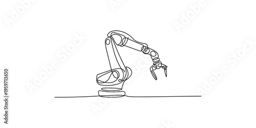 Continuous line drawing of robotic arm with claw holding a tool or device industrial