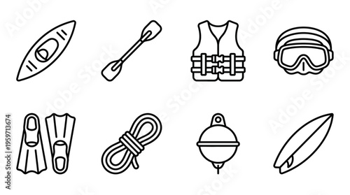 Minimalist water sports gear icons set, clean black-and-white aquatic adventure essentials illustration
