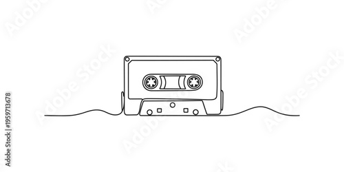 Continuous line drawing of a cassette tape with buttons and reels visible music recording