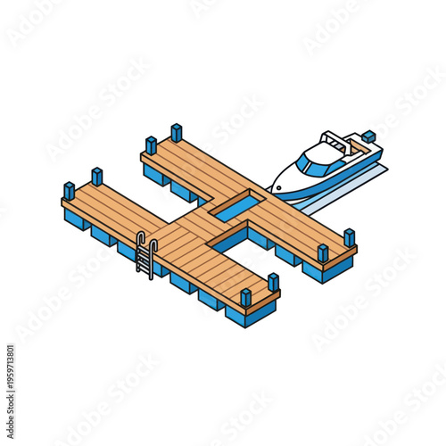 Isometric Illustration of a Floating Dock with Boat Moored.