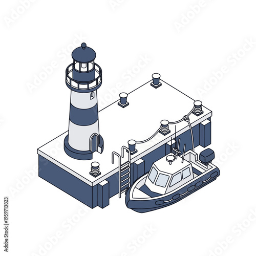 Isometric Lighthouse and Boat on Dock Illustration.