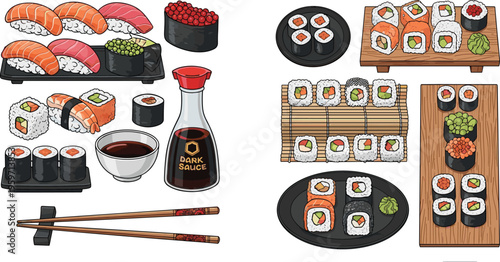 Premium vector collection of Japanese sushi rolls nigiri salmon maki and uramaki with soy sauce bottle chopsticks and wasabi on wooden boards.