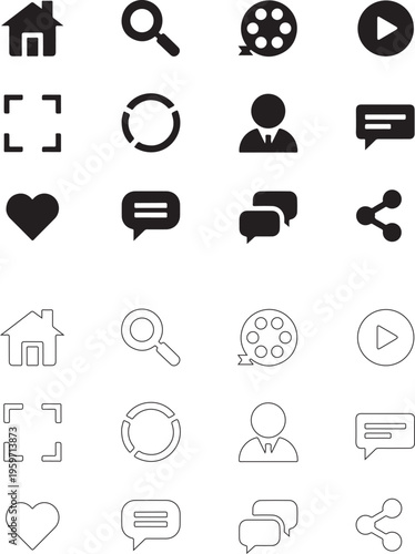  Social media icons collection. Clean UI vector symbols isolated on transparent background for mobile app and web interface design..eps