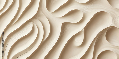 Abstract Waves Carved Wood Texture Background, Wavy Pattern Design, Beige Wooden Surface Decoration