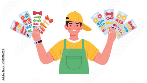 A Young Seller with Fashion Accessories: A vibrant young individual showcases a colorful array of hair accessories. The image captures the essence of youthful style and accessory trends.