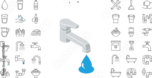 Plumbing and water service icon set featuring isometric faucet with drop bathroom fixtures tools and kitchen hardware line art vector illustrations