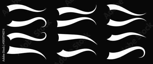Swirl sport typography element, isolated curly text pennants. Black retro calligraphy strokes or ornament designs set. Swish typography font elements. EPS10.