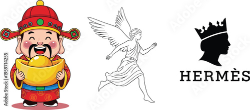 Collection of vector characters including Chinese God of Wealth with gold ingot classical winged angel and royal queen silhouette for branding