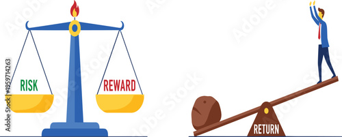 Professional businessman balancing risk and reward on classic scales alongside a seesaw metaphor for financial return and investment stability in corporate strategy.