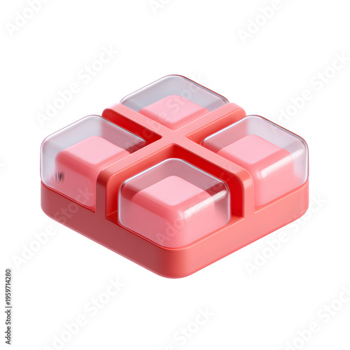 Pink storage organizer, containers with clear lids, isometric view on transparent background
