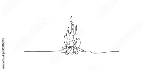 A minimalist line drawing of a campfire burning on a flat surface outdoors flame
