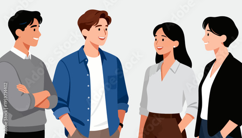 Four friends smile together in a casual, friendly group. They stand close, comfortable, and relaxed. Their expressions show warmth and mutual respect