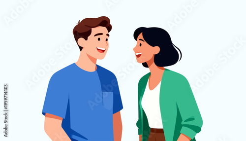 Two people smile warmly at each other. They share a joyful, affectionate moment together. Their expressions show happiness and connection. Ideal for romantic, friendship, or wellness themes