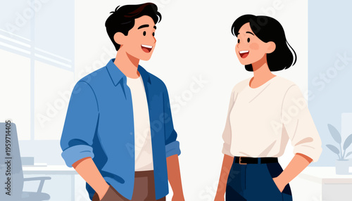 Two people smile warmly, sharing a friendly moment. They stand in a bright, modern office space. Their relaxed postures suggest comfort and ease. The scene captures a pleasant