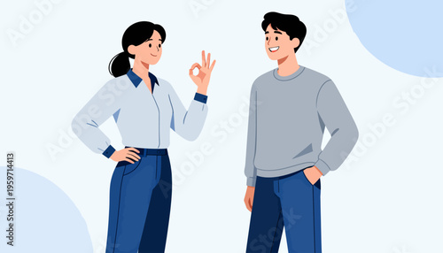 Two people stand close, smiling warmly. One gives an okay sign, expressing approval. Their relaxed posture suggests mutual understanding. Ideal for business, team, or positive interaction scenes