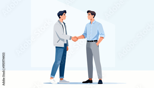 Two men shake hands in a minimalist, light-filled space. Their smiles suggest mutual agreement or celebration. Clean lines and soft tones convey professionalism and trust