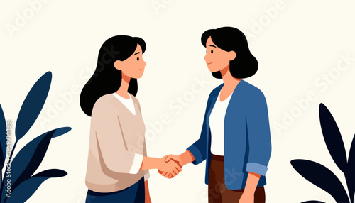 Two women shake hands, smiling warmly. Leaves frame them, soft and elegant. Their posture shows mutual trust and agreement. Perfect for business, teamwork, or positive collaboration