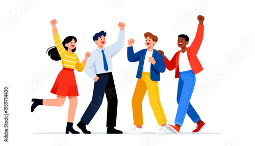 Five animated friends celebrate together with joy. They raise arms, leap, and smile broadly. Colors brighten their cheerful expressions. Ideal for team success, unity, or celebration