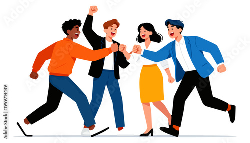 Four friends leap forward, united in joy. Their laughter echoes as they share a high-five. Dressed in bright, casual wear, they move with energy. Ideal for team spirit or celebratory moments