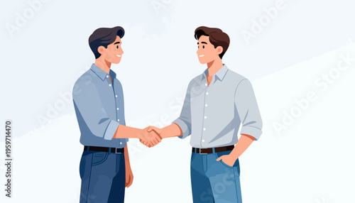 Two men shake hands, smiling warmly. They wear casual shirts and jeans. Their posture shows mutual respect and trust. Perfect for business, teamwork, or partnership visuals